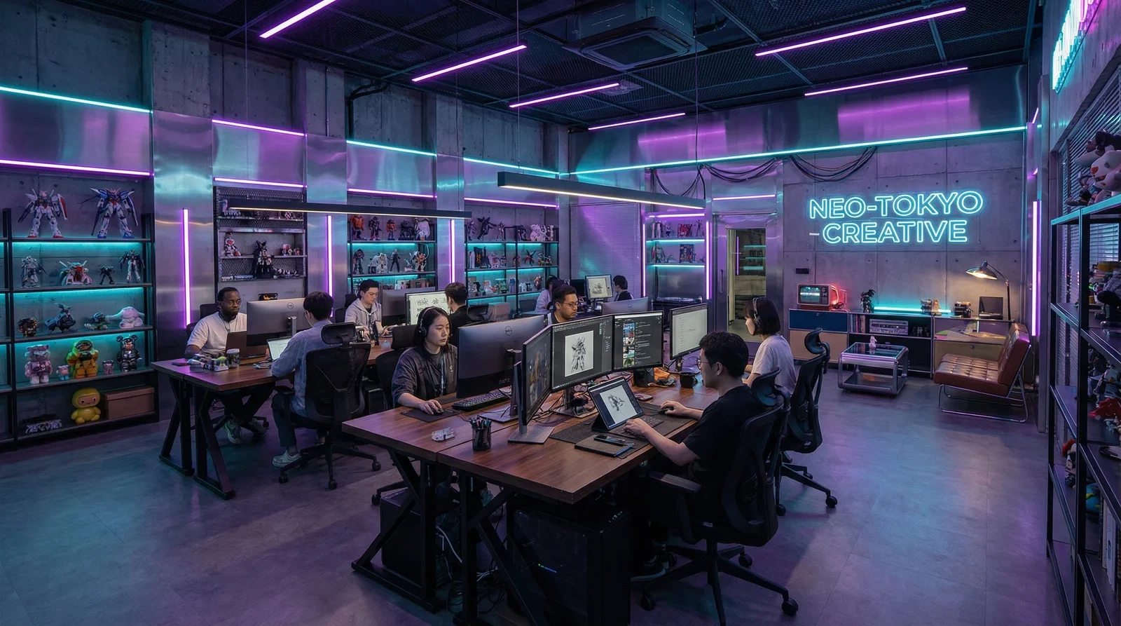 绯红小猫团队赛博朋克风格创意办公室环境